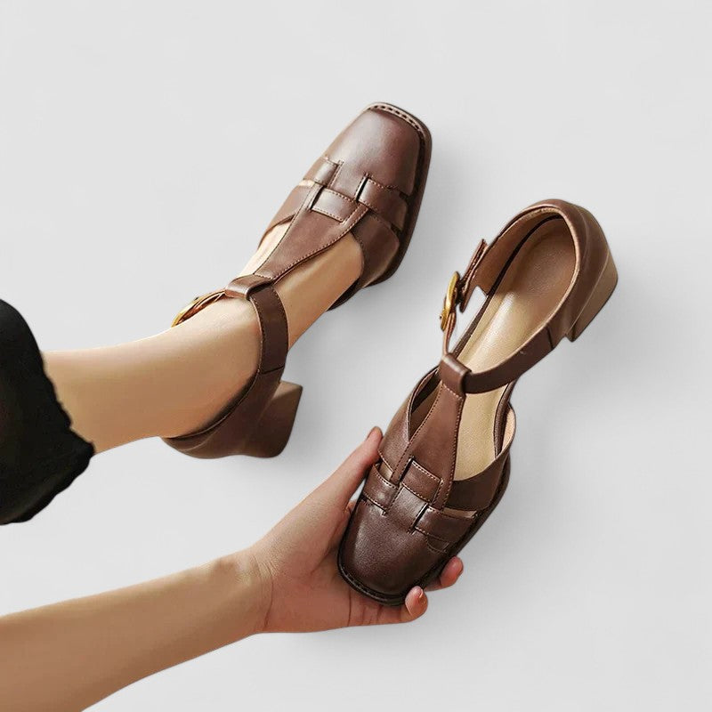 Women's Black Heels Leather Orthopaedic T-Strap Block Shoes - 6