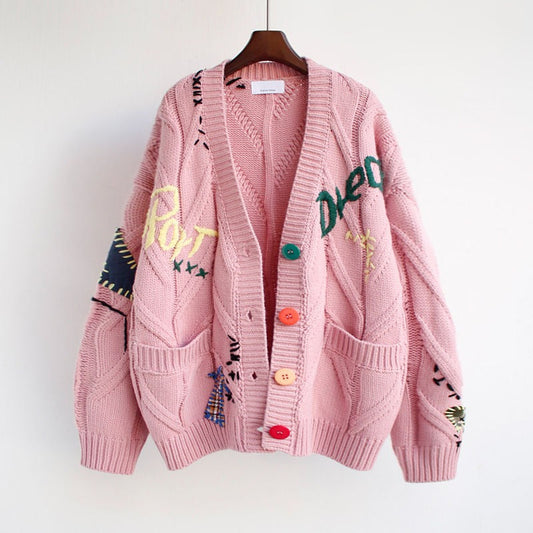 Embroidery Fashion Loose Winter Knitted Cardigan Sweater Jacket 1