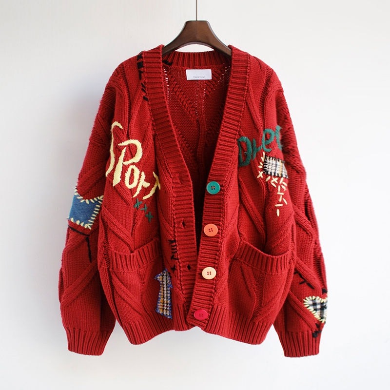Embroidery Fashion Loose Winter Knitted Cardigan Sweater Jacket 2