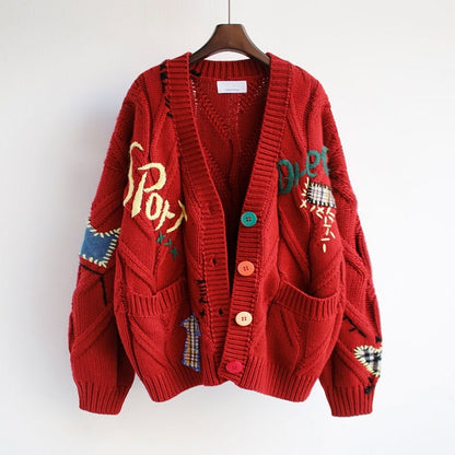 Embroidery Fashion Loose Winter Knitted Cardigan Sweater Jacket 2