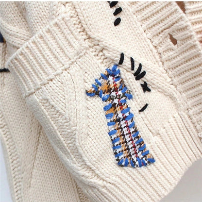 Embroidery Fashion Loose Winter Knitted Cardigan Sweater Jacket 3