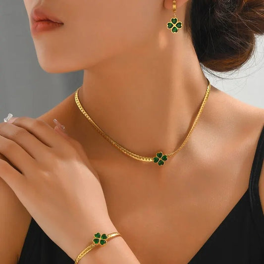 Emerald Four Leaf Clover Jewelry Set - Necklace and Earring Set with Bracelet, Gold Accents, and Modern Design 0