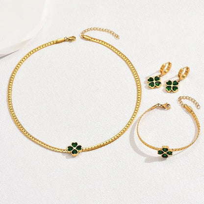 Emerald Four Leaf Clover Jewelry Set - Necklace and Earring Set with Bracelet, Gold Accents, and Modern Design 2