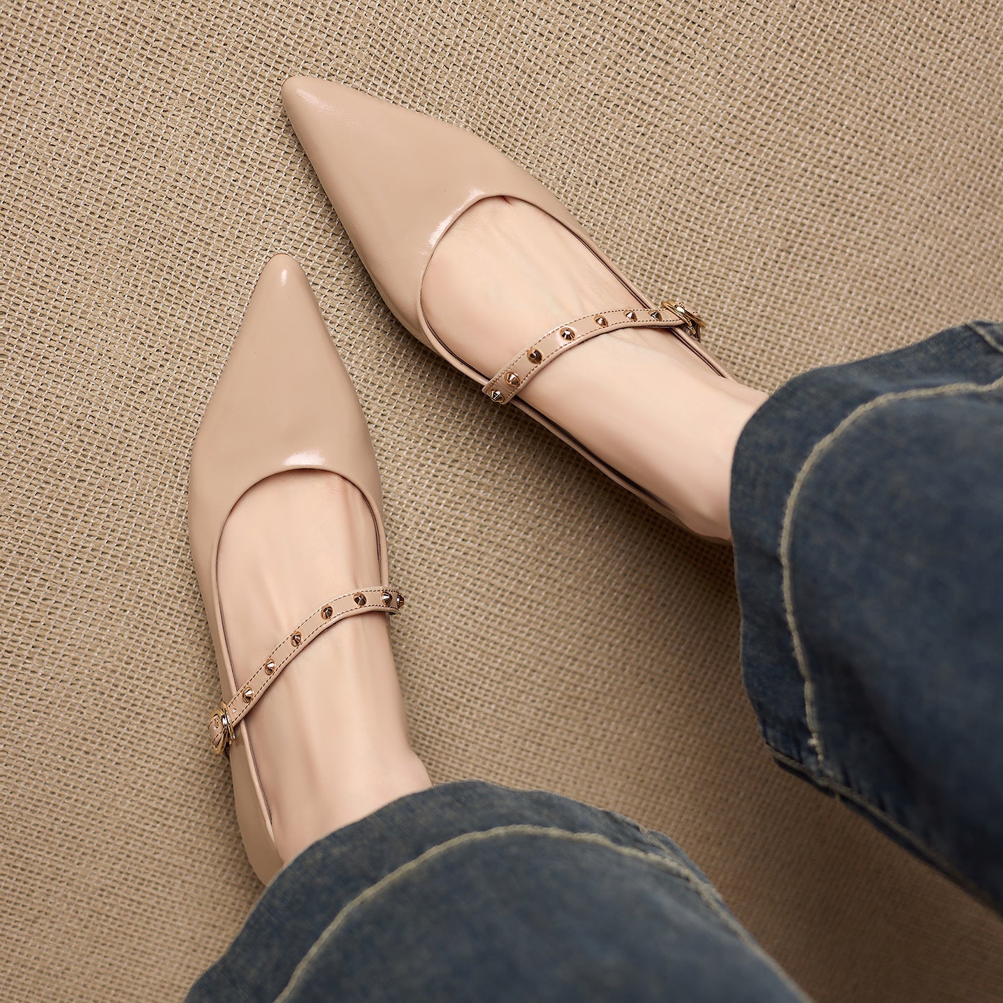 Women's Genuine Leather Studded Mary Jane Flats – product view | Hensley London