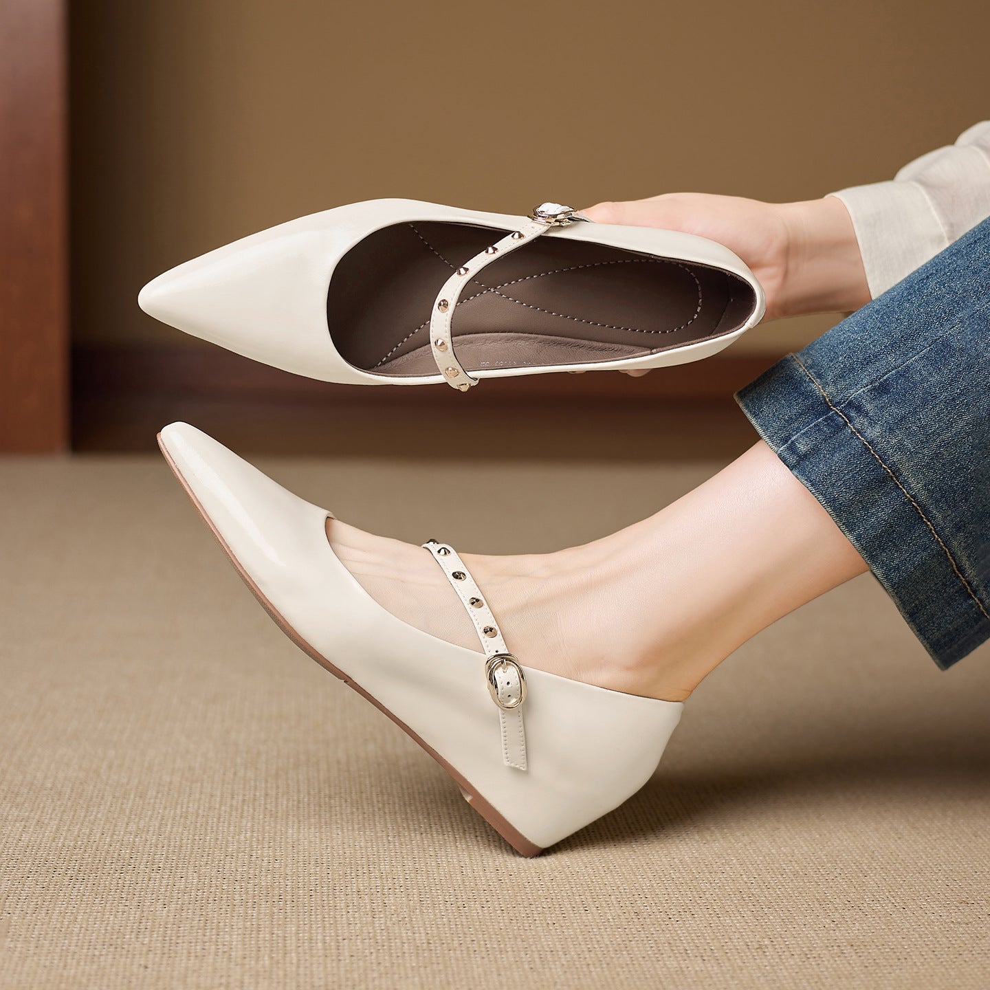Women's Genuine Leather Studded Mary Jane Flats – product view | Hensley London