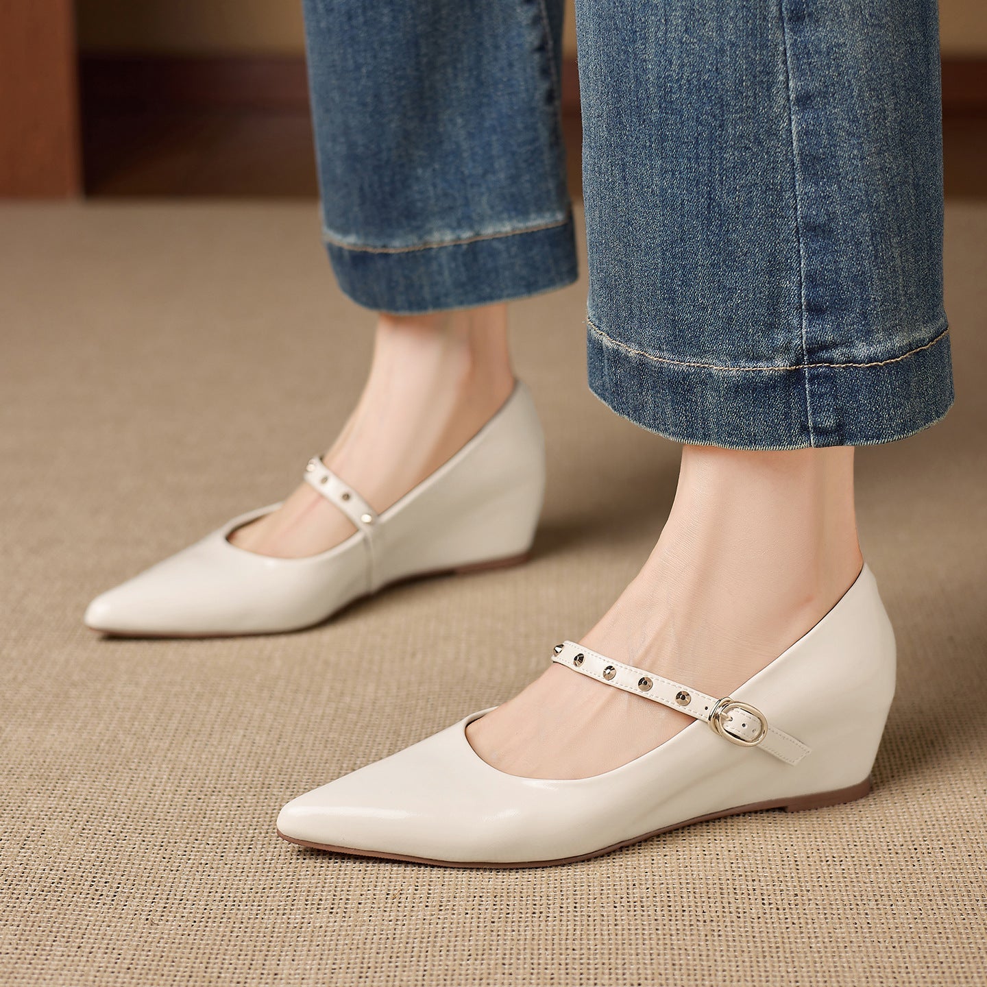 Women's Genuine Leather Studded Mary Jane Flats – product view | Hensley London