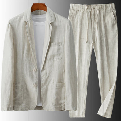 Men's Linen Two-Piece Suit Set in Beige – front view | Hensley London