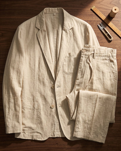 Men's Linen Two-Piece Suit Set in White – back view | Hensley London