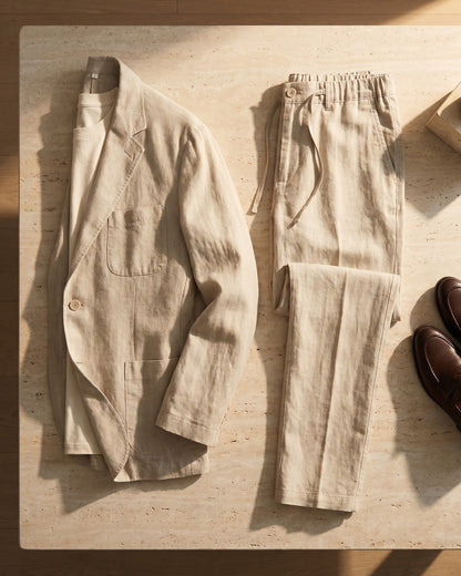 Men's Linen Two-Piece Suit Set – styled full look | Hensley London
