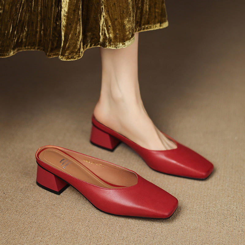 Women's Genuine Leather Square-Toe Mule Heels – product view | Hensley London
