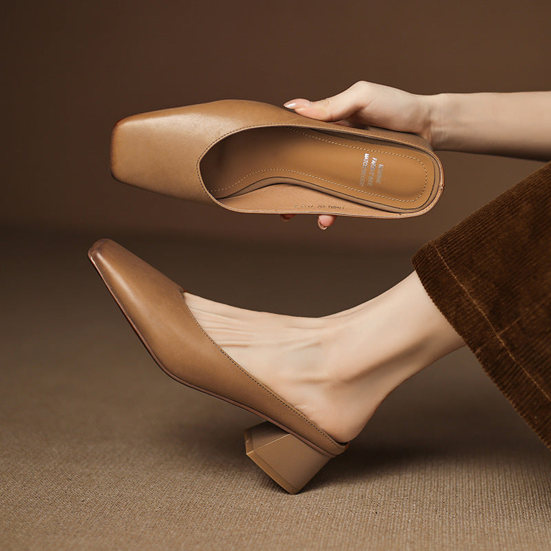 Women's Genuine Leather Square-Toe Mule Heels – product view | Hensley London