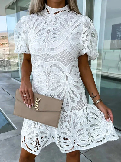 Women's White Puff Sleeve Dress Embroidered Lightweight Cotton Summer - 3