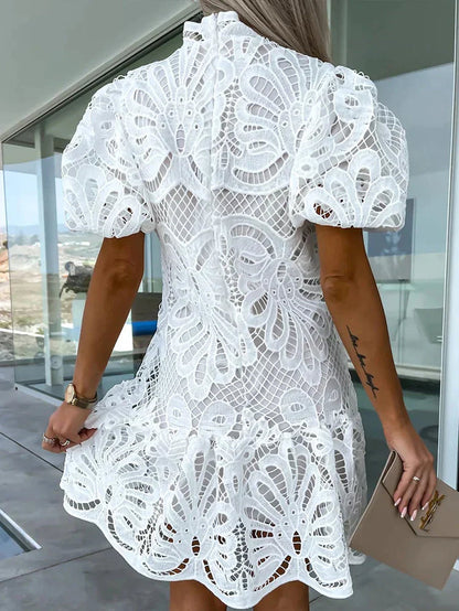 Women's White Puff Sleeve Dress Embroidered Lightweight Cotton Summer - 4