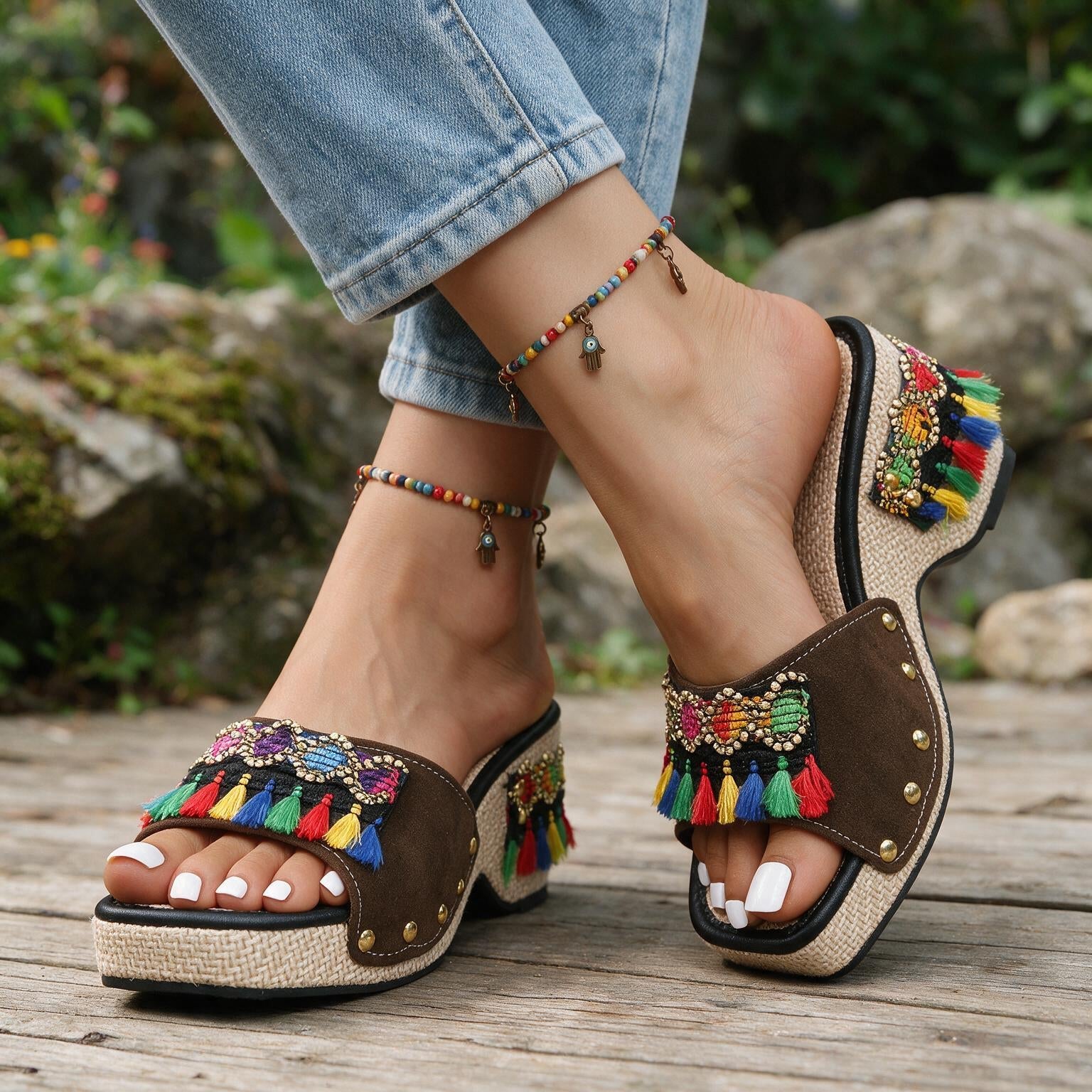 Women's Boho Platform Heels in Brown – front view | Hensley London