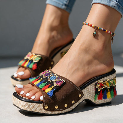 Women's Boho Platform Heels in Yellow – front view | Hensley London