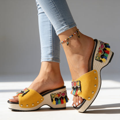 Women's Boho Platform Heels in Yellow – side view | Hensley London