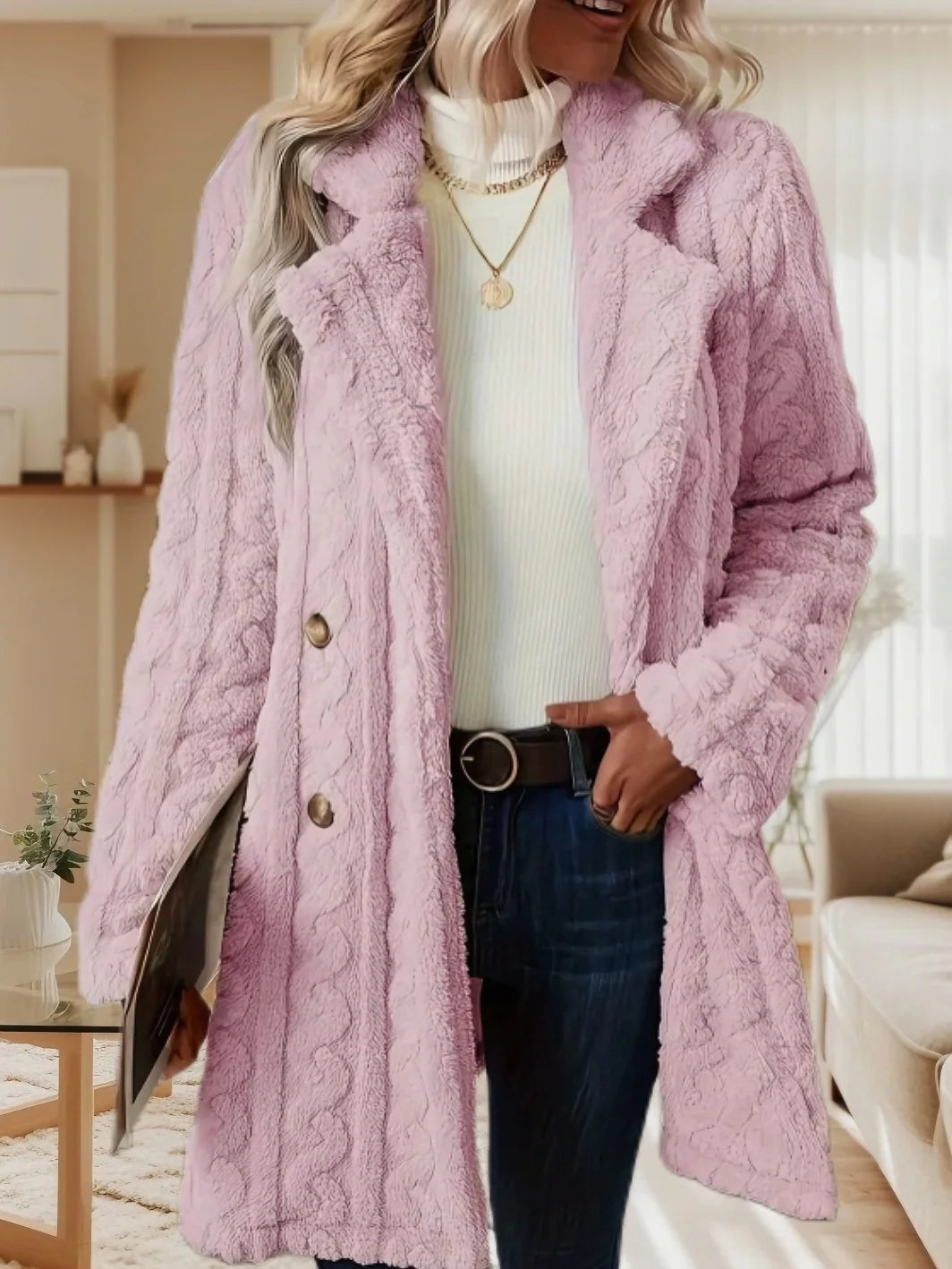 Women's Textured Double-Breasted Mid-Length Coat in Pink – additional product view | Hensley London