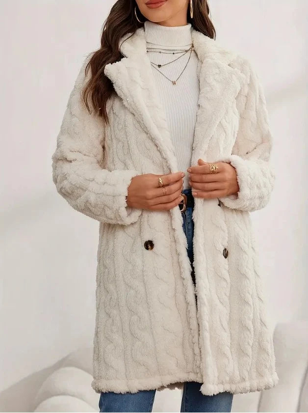 Women's Textured Double-Breasted Mid-Length Coat in Apricot – additional product view | Hensley London
