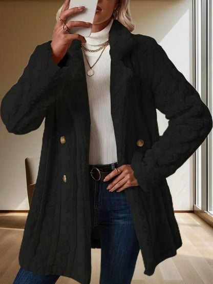 Women's Textured Double-Breasted Mid-Length Coat in Black – additional product view | Hensley London