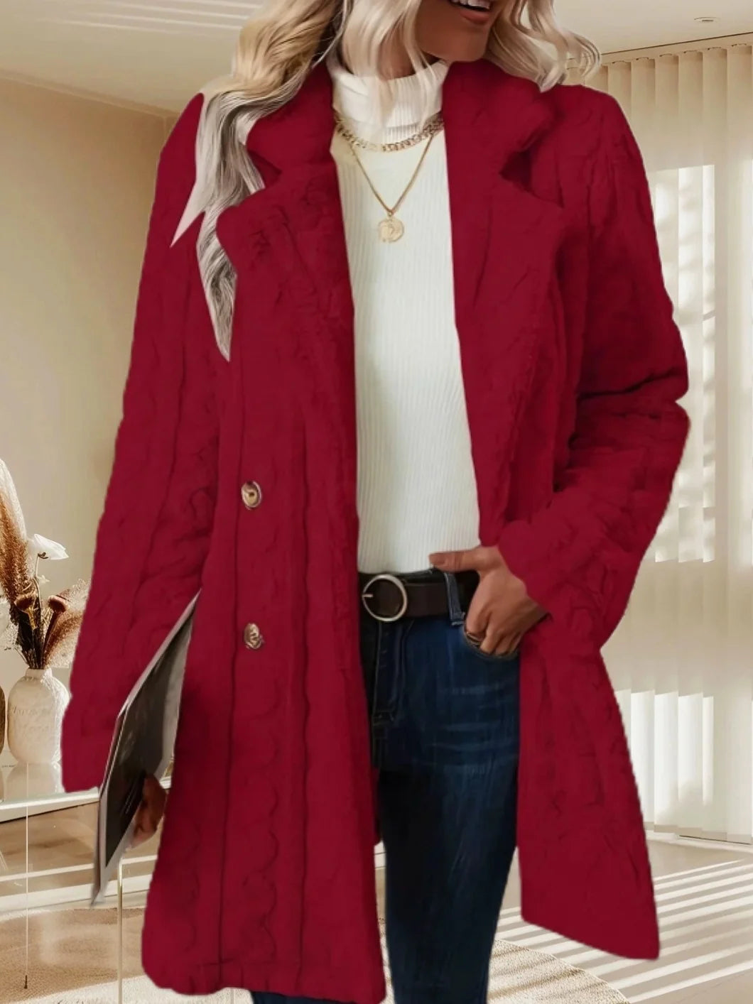 Women's Textured Double-Breasted Mid-Length Coat in Claret – additional product view | Hensley London