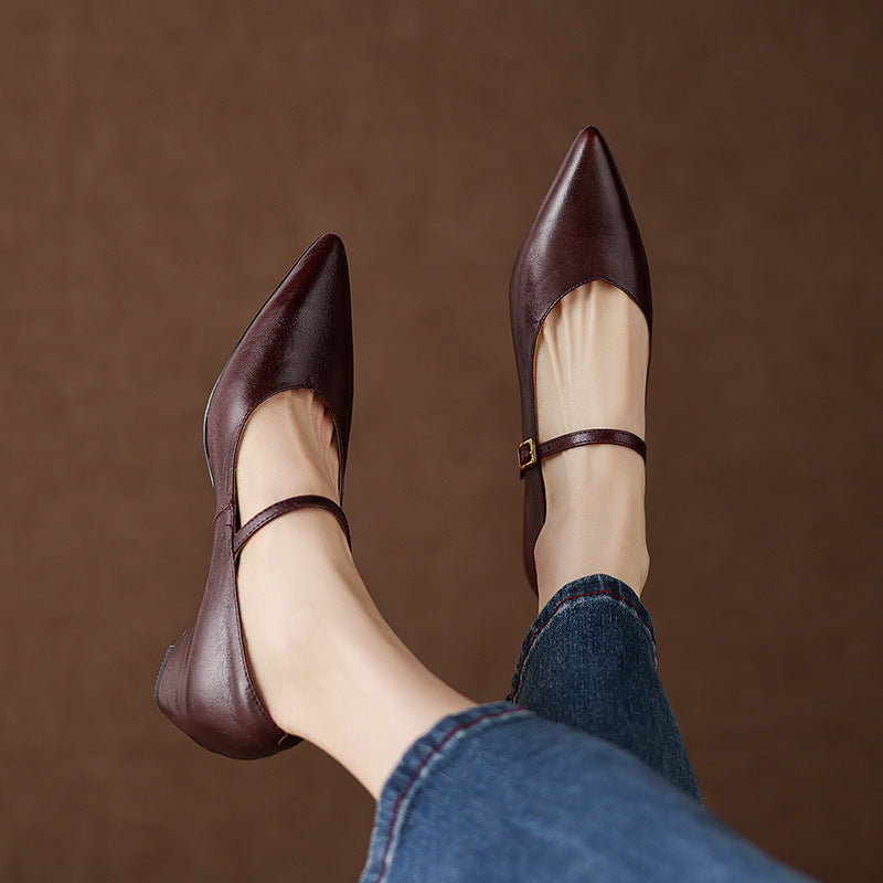 Women's Genuine Leather Pointed-Toe Mary Jane Pumps - angled view | Hensley London