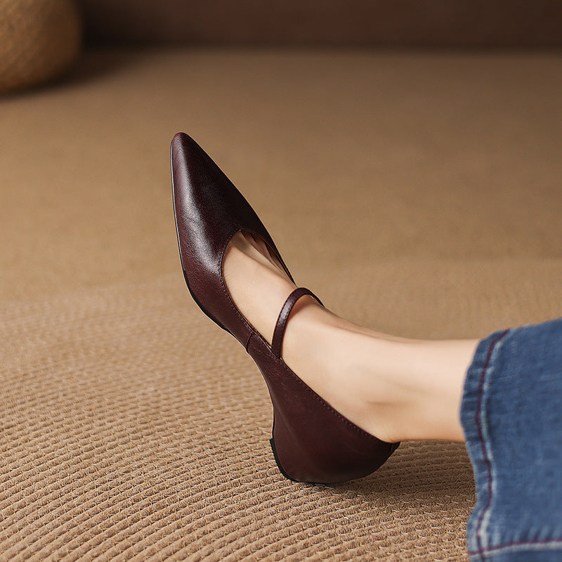 Women's Genuine Leather Pointed-Toe Mary Jane Pumps - buckle strap detail | Hensley London