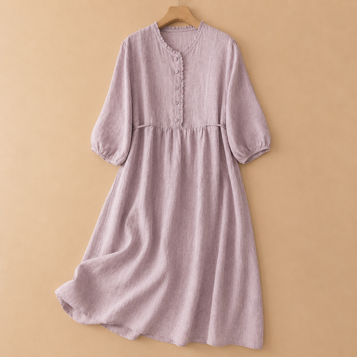 Women's Cotton Linen Long-Sleeve Gathered Waist Midi Dress in Pink – front view | Hensley London