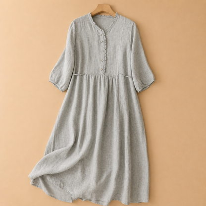 Women's Cotton Linen Long-Sleeve Gathered Waist Midi Dress in Blue Grey – front view | Hensley London