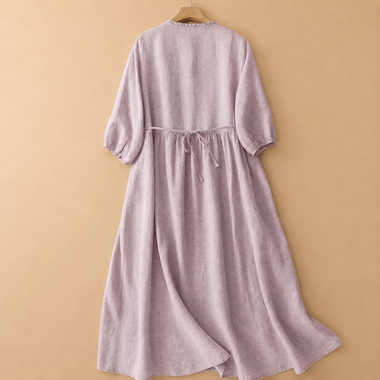 Women's Cotton Linen Long-Sleeve Gathered Waist Midi Dress – styled view | Hensley London