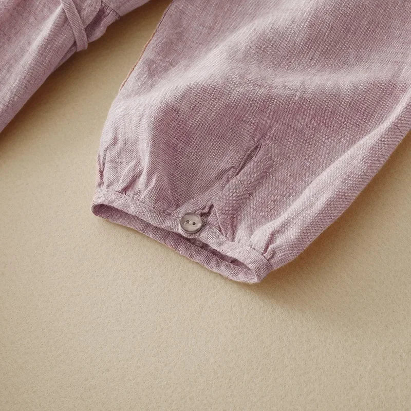 Women's Cotton Linen Long-Sleeve Gathered Waist Midi Dress – fabric detail | Hensley London