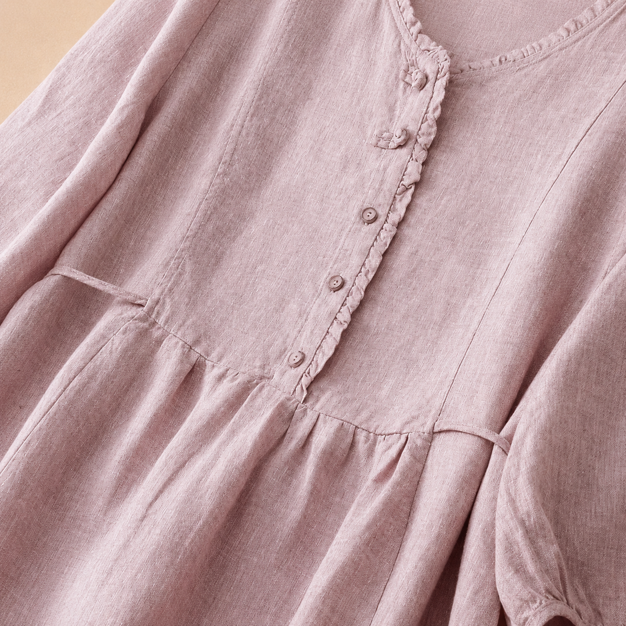 Women's Cotton Linen Long-Sleeve Gathered Waist Midi Dress – full-length view | Hensley London