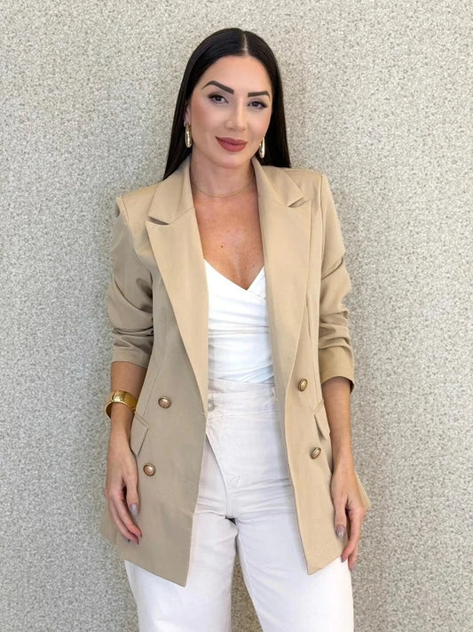 Women's Double-Breasted Tailored Blazer in Nude – Product view | Hensley London