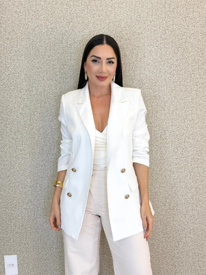 Women's Double-Breasted Tailored Blazer in White – Product view | Hensley London