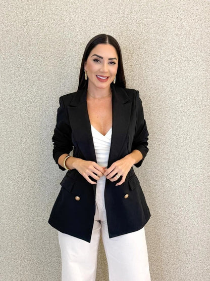 Women's Double-Breasted Tailored Blazer in Black – Product view | Hensley London