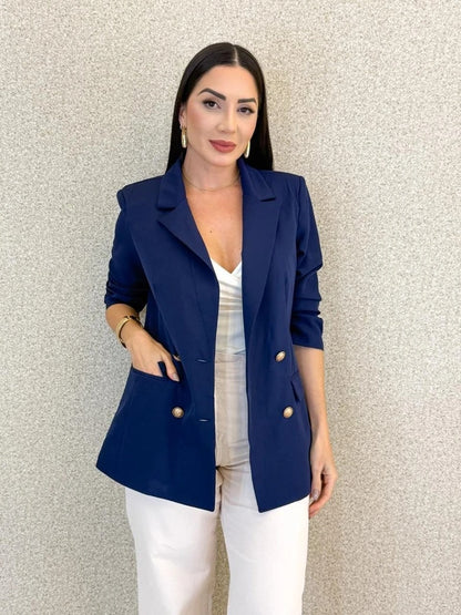 Women's Double-Breasted Tailored Blazer in Blue – Product view | Hensley London