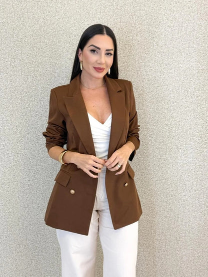 Women's Double-Breasted Tailored Blazer in Brown – Product view | Hensley London