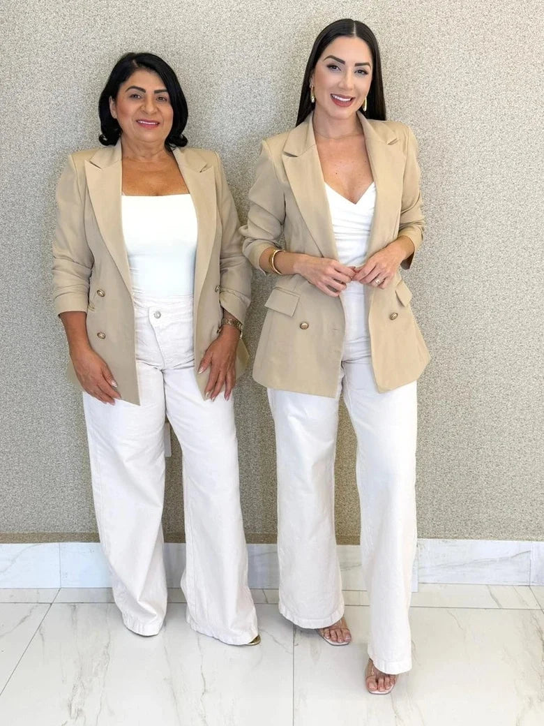 Women's Double-Breasted Tailored Blazer in Nude – Product view | Hensley London
