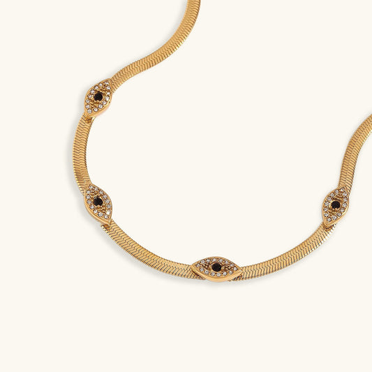 Exquisite 18k Gold Herringbone Necklace with Evil Eye Charms and Diamond Simulants 0