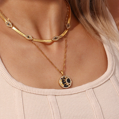 Exquisite 18k Gold Herringbone Necklace with Evil Eye Charms and Diamond Simulants 1