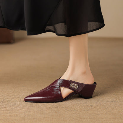 Women's Eyla Genuine Leather Heeled Mules in Maroon – front view | Hensley London
