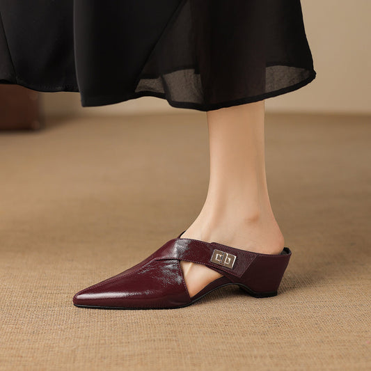 Women's Eyla Genuine Leather Heeled Mules in Maroon – front view | Hensley London
