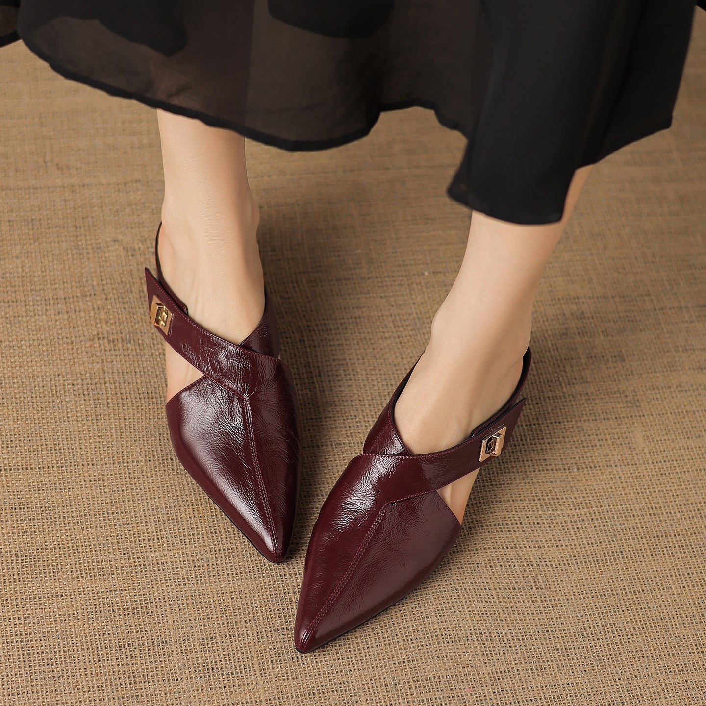 Women's Eyla Genuine Leather Heeled Mules in Maroon – side view | Hensley London