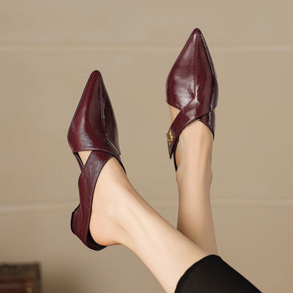 Women's Eyla Genuine Leather Heeled Mules in Maroon – detail view | Hensley London