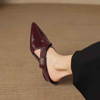 Women's Eyla Genuine Leather Heeled Mules in Maroon – worn view | Hensley London