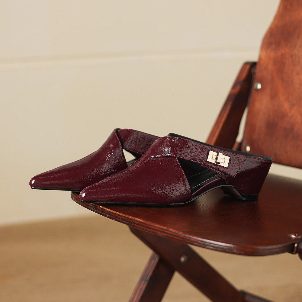 Women's Eyla Genuine Leather Heeled Mules in Black – detail view | Hensley London