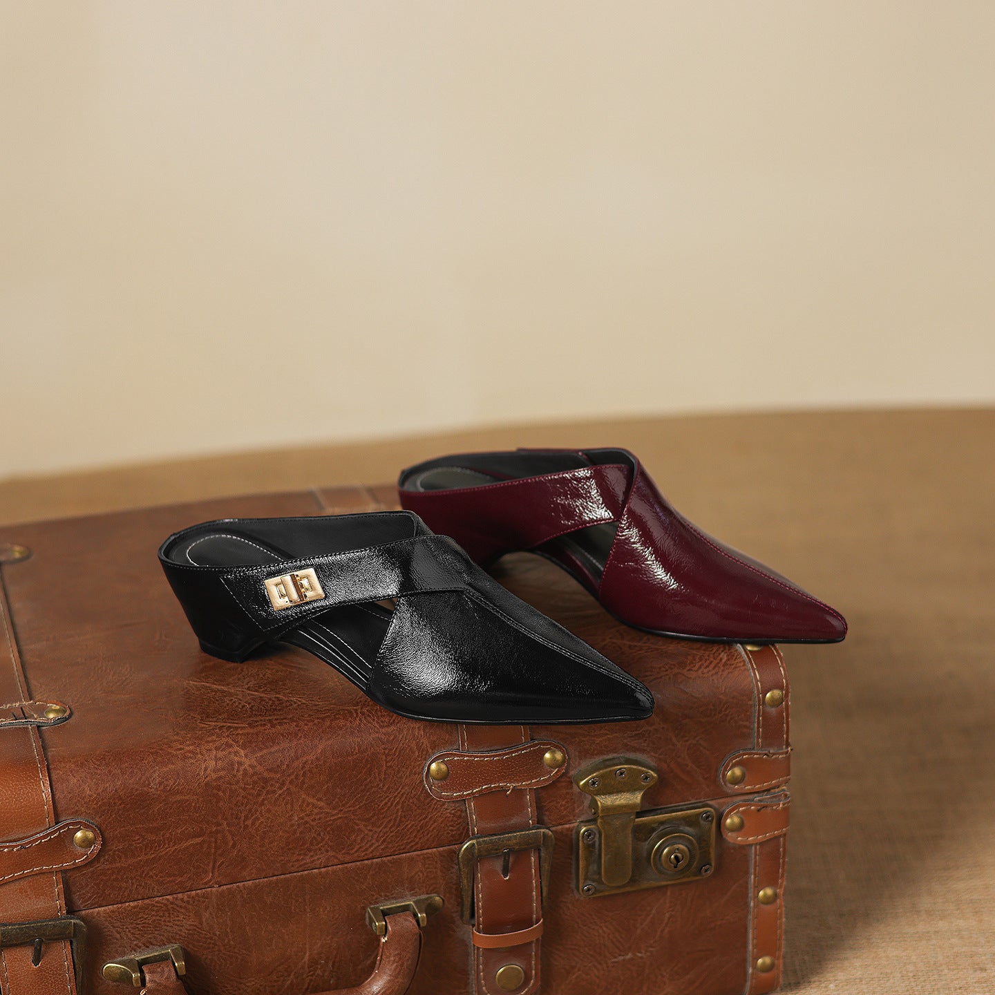 Women's Eyla Genuine Leather Heeled Mules in Black – worn view | Hensley London