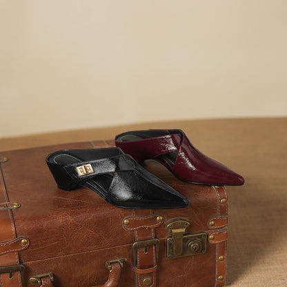 Women's Eyla Genuine Leather Heeled Mules in Black – worn view | Hensley London