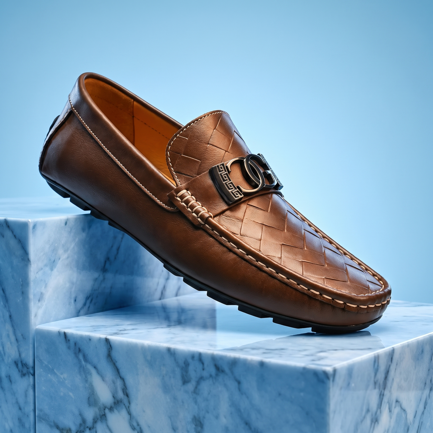 Men's Woven Cowhide Leather Loafers – Polished Metal Accent
