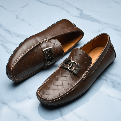 Men's Woven Cowhide Leather Loafers – Polished Metal Accent