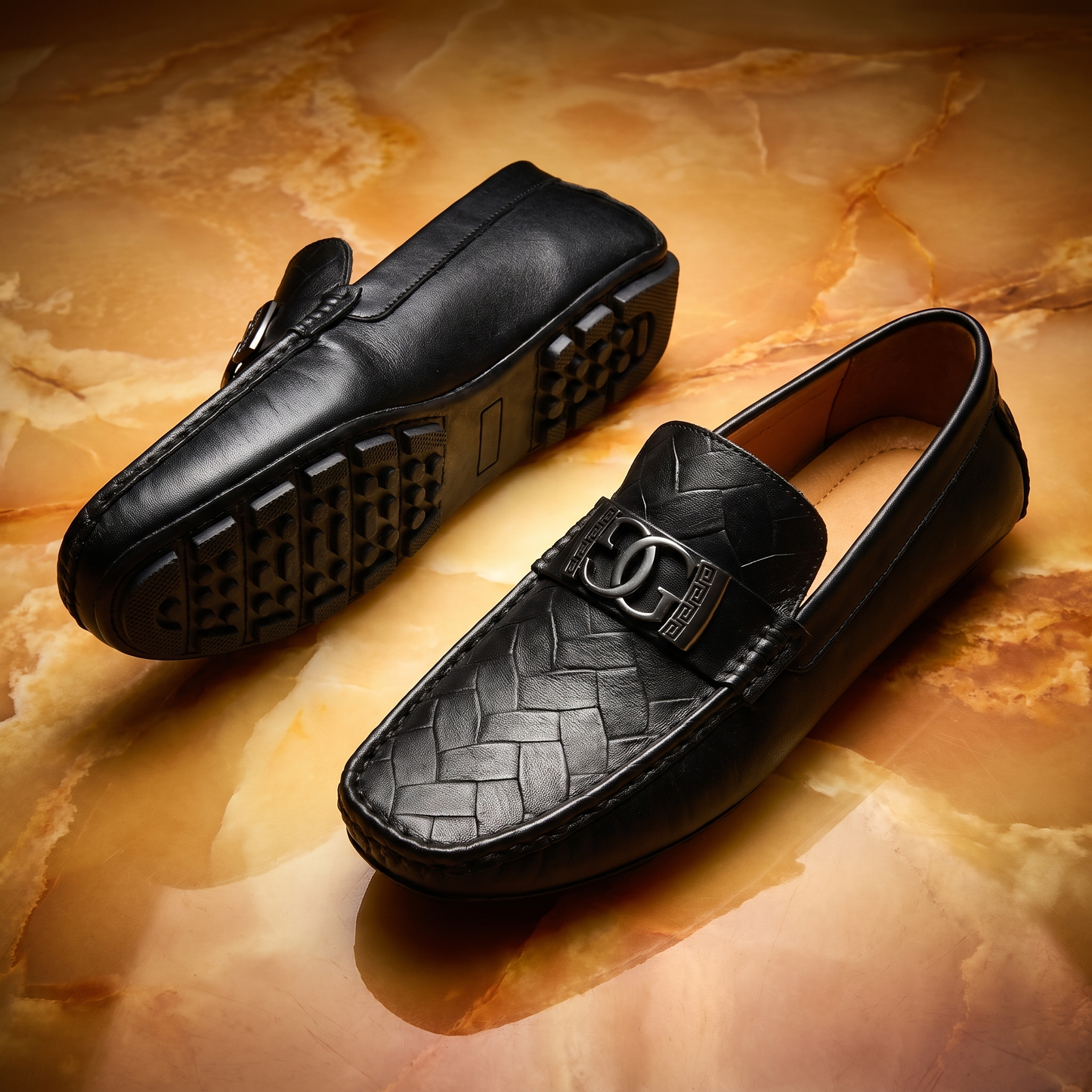 Men's Woven Cowhide Leather Loafers – Polished Metal Accent